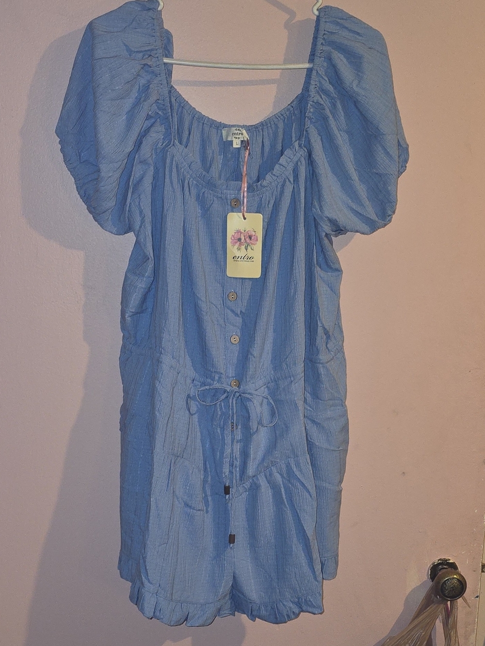 NWT Entro Blue Puff Sleeve Button-down Romper Drawstring Waist Pockets Size L
